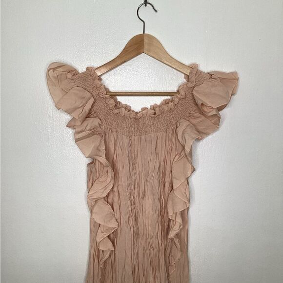 Mango NWOT Soft Blush Peach Ruffled Pleated Crinkle Off Shoulder Date Top M - Picture 7 of 8